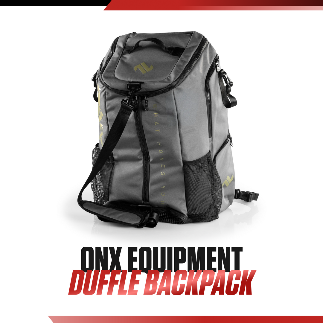 Close-up of the ONX duffle bag showing stitching, zippers, and interior compartments