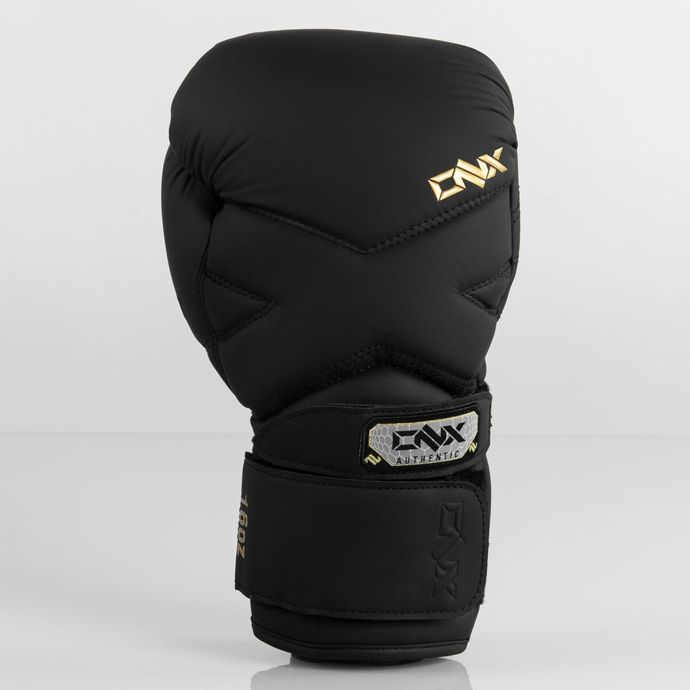 Black ONX Precision Line X-Factor Glove front view with gold ONX logo and X-Factor knuckle design